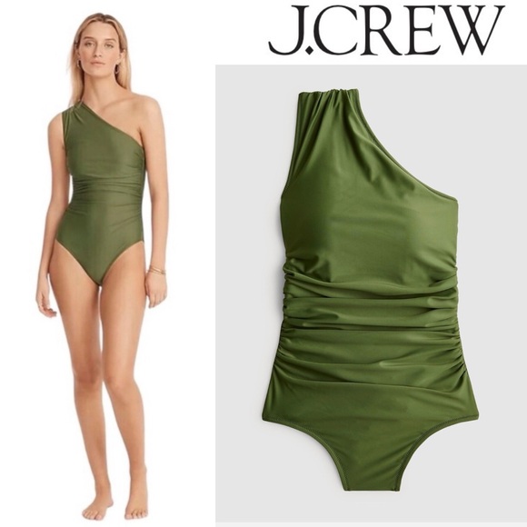 NWT J Crew Ruched One Shoulder One Piece Swimsuit Safari Olive Green Swim 22 - Picture 3 of 15